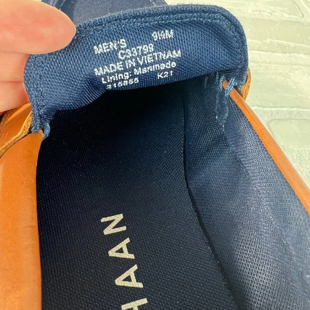 Cole Haan‎ Mens 9.5 M Nantucket 2.0 Navy Blue Brown Canvas Slip On Penny Loafer
